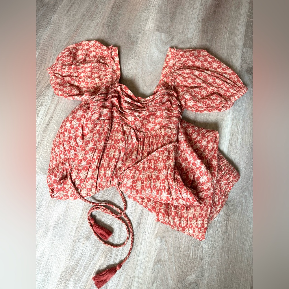 {SOLD} Free People Printed Puff Sleeve Jumpsuit Size XS Red Orange Princess